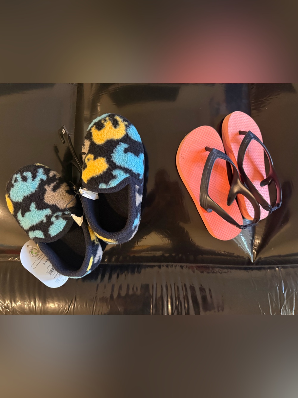 Toddler boys Elephant Slippers 9/10 (NWT) & Neon Orange/Navy flip flops 10.